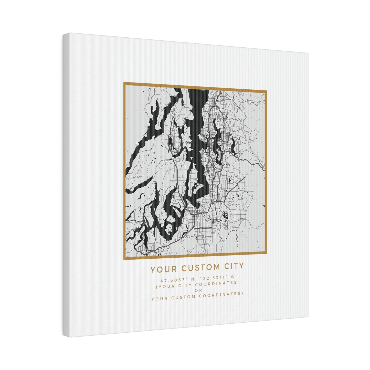 Your CUSTOM Hometown on White Canvas (Golden Trim)