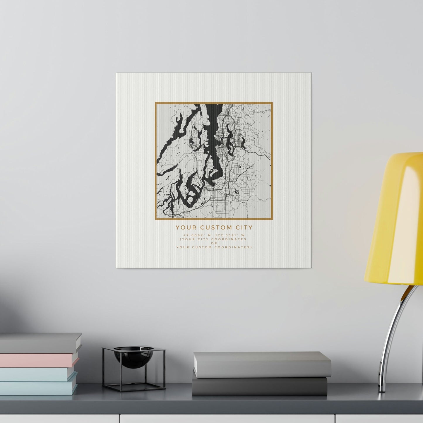 Your CUSTOM Hometown on White Canvas (Golden Trim)