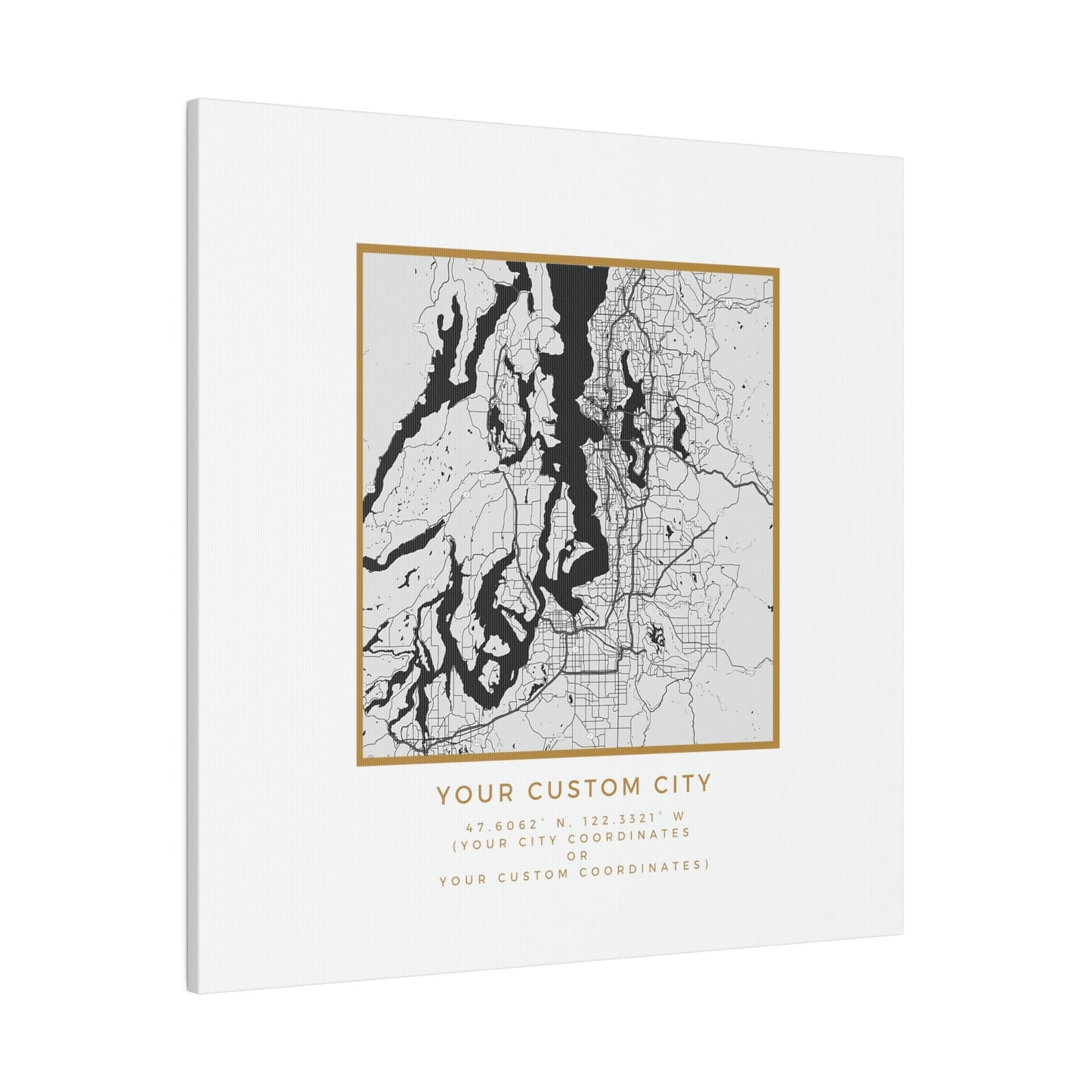 Your CUSTOM Hometown on White Canvas (Golden Trim)