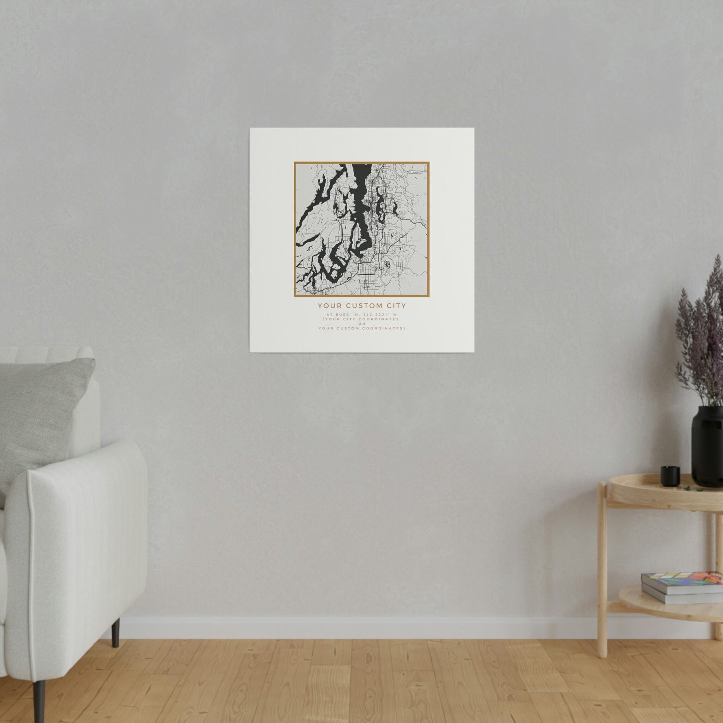 Your CUSTOM Hometown on White Canvas (Golden Trim)