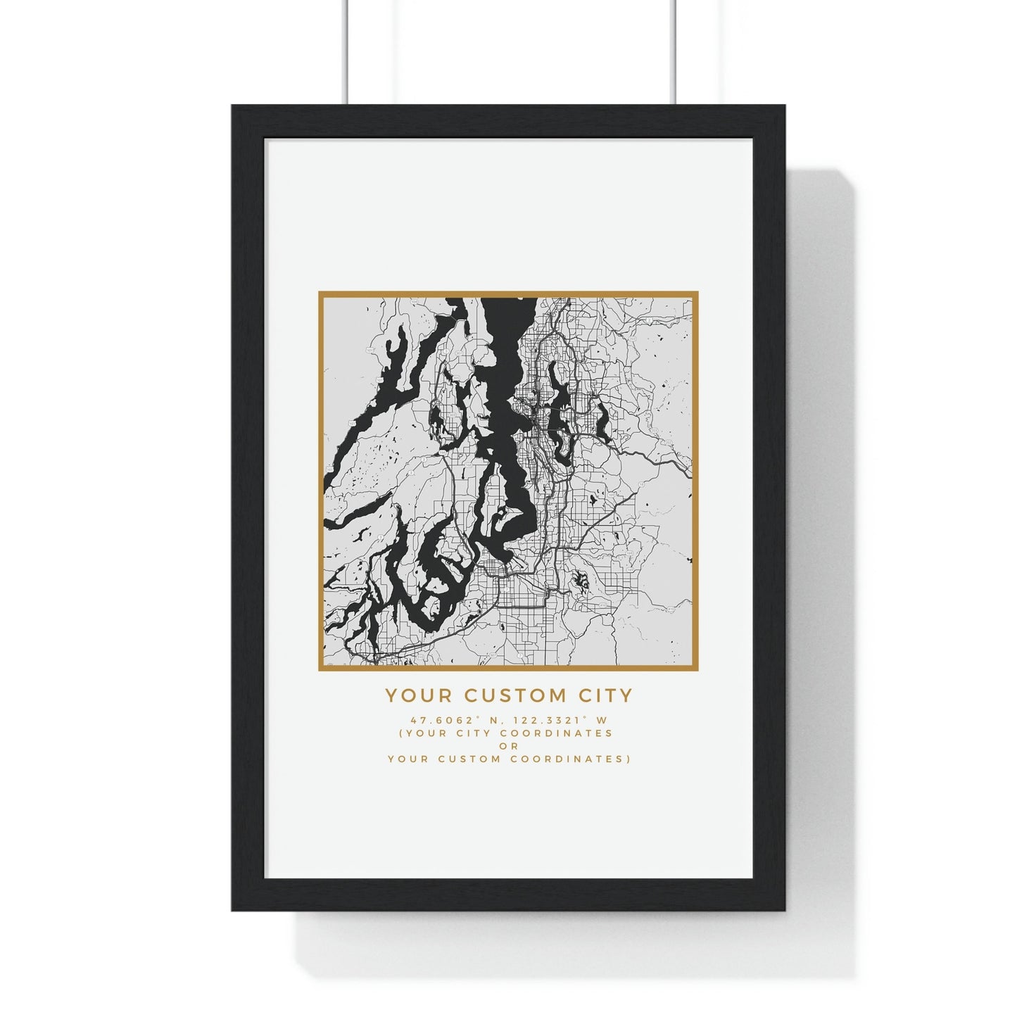 Your CUSTOM Hometown Premium Framed Poster (Golden Trim)