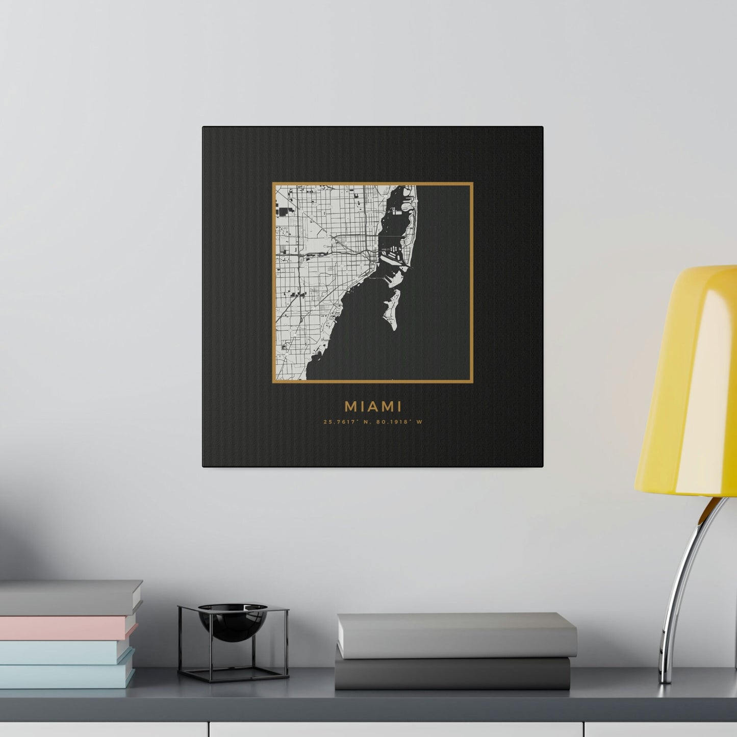 Miami Hometown on Black Canvas (Golden Trim)