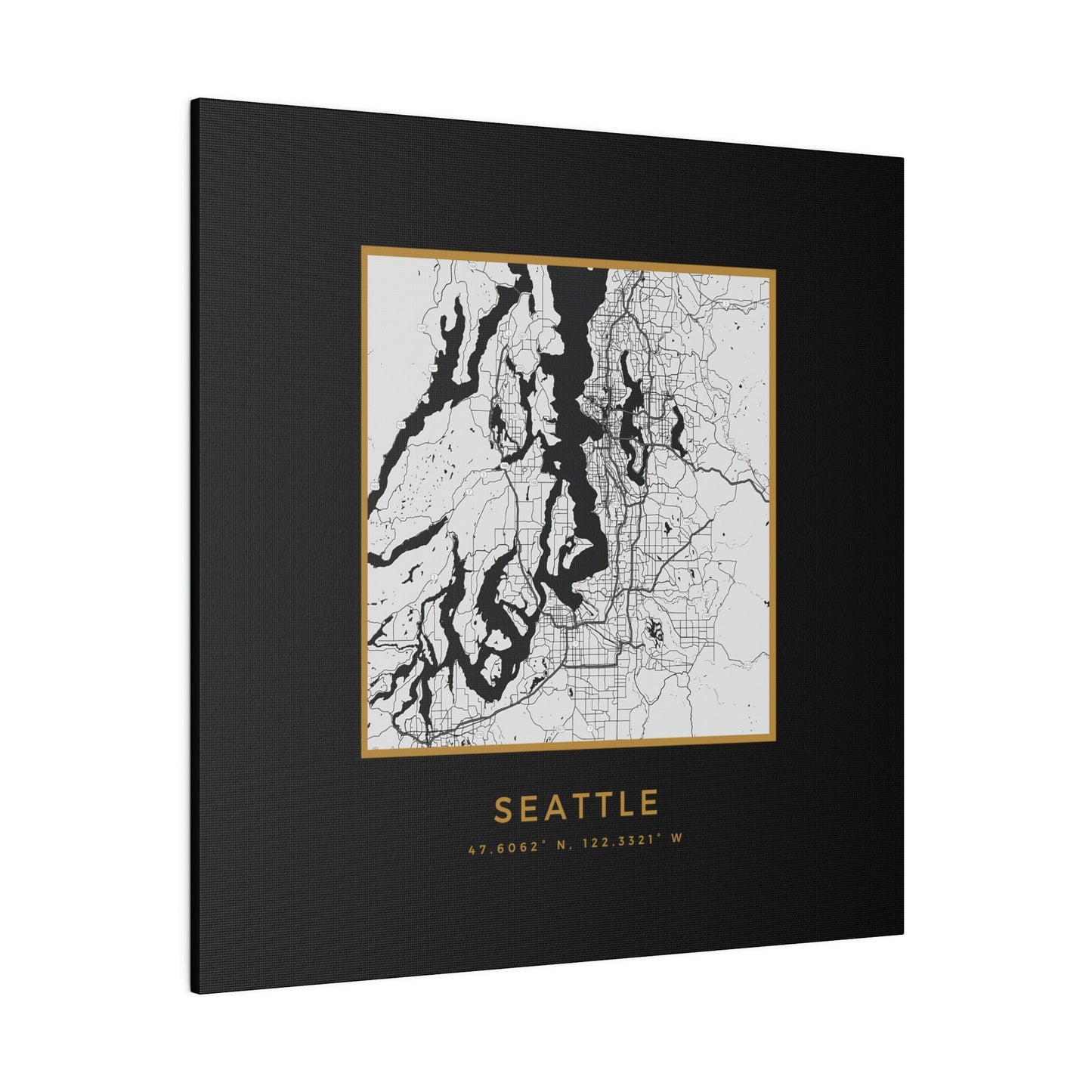 Seattle Hometown on Black Canvas (Golden Trim)