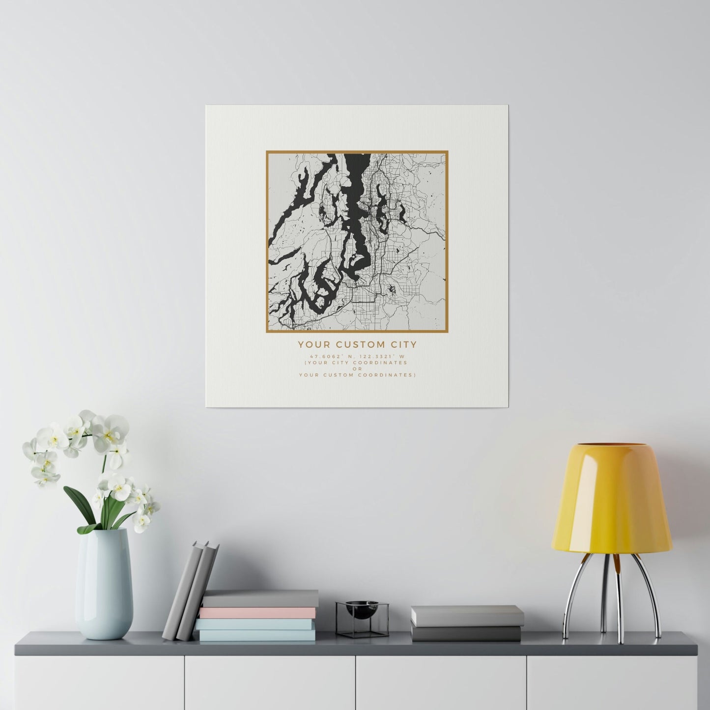 Your CUSTOM Hometown on White Canvas (Golden Trim)