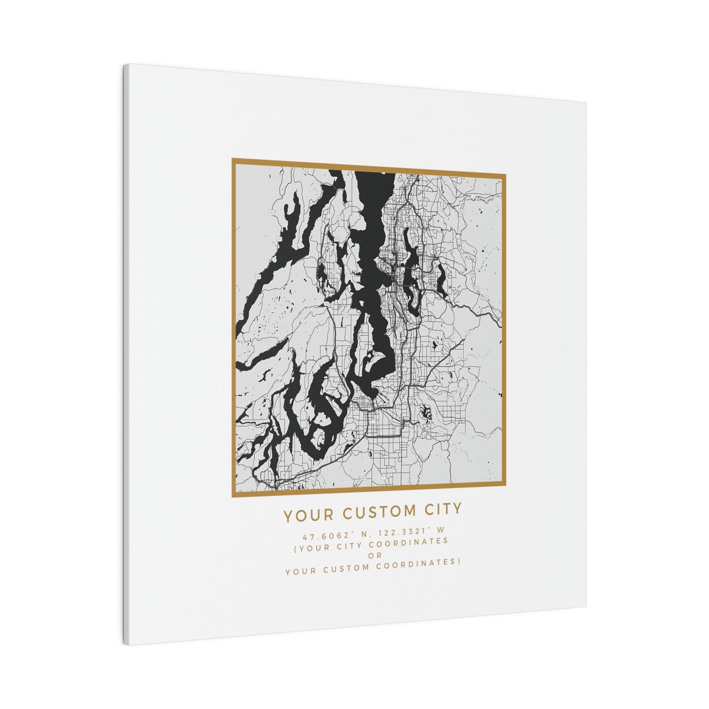 Your CUSTOM Hometown on White Canvas (Golden Trim)