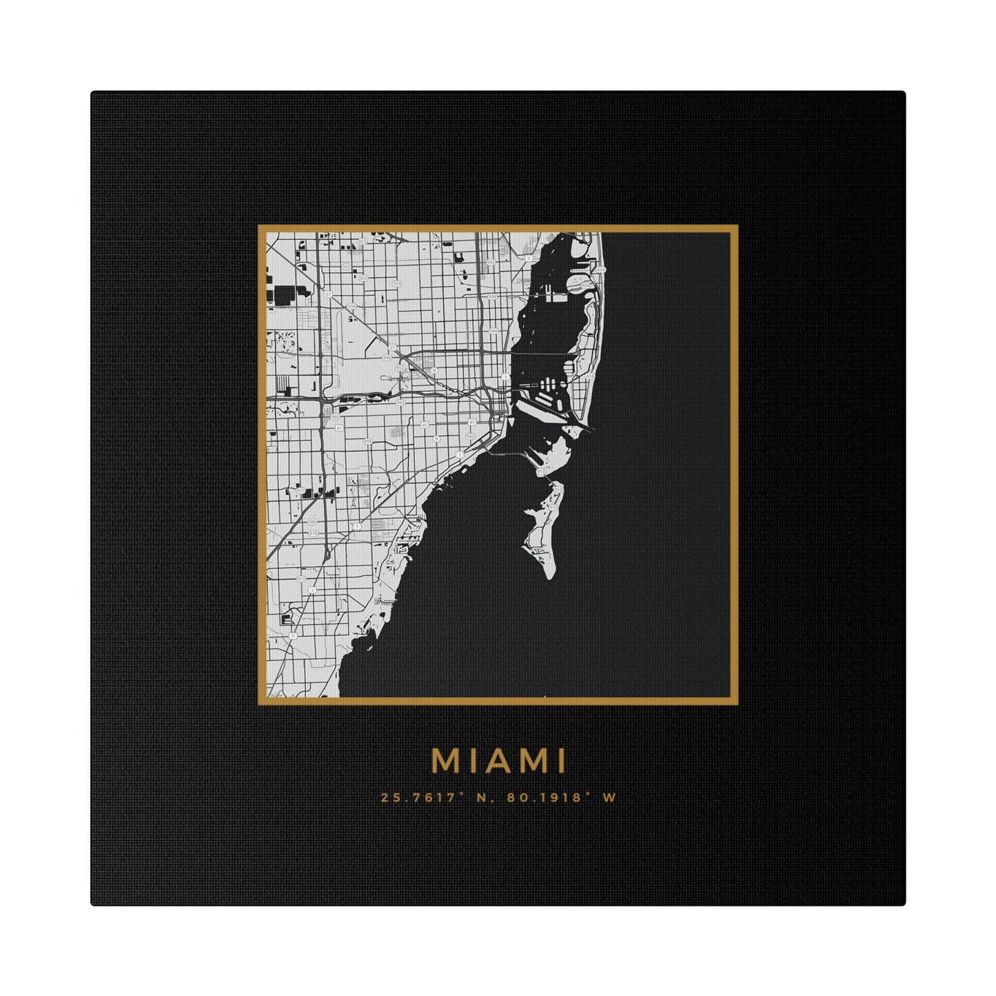 Miami Hometown on Black Canvas (Golden Trim)