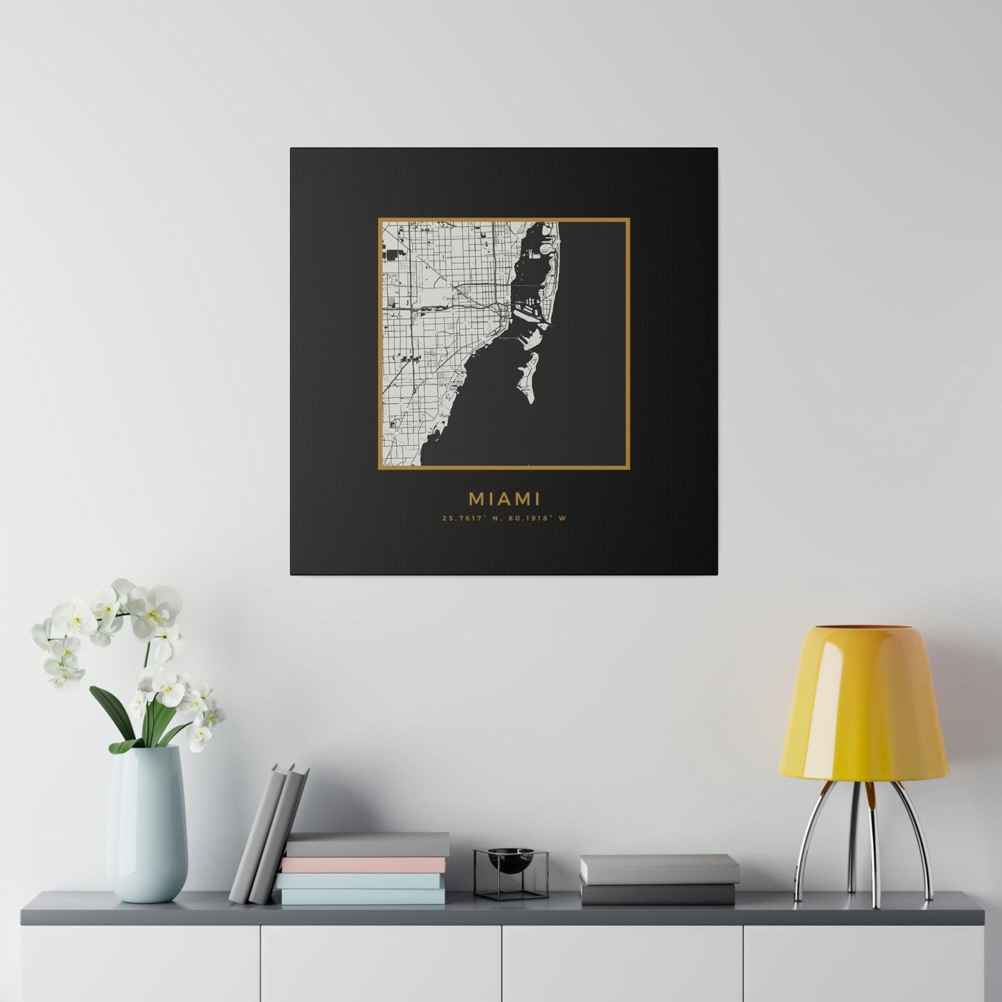 Miami Hometown on Black Canvas (Golden Trim)