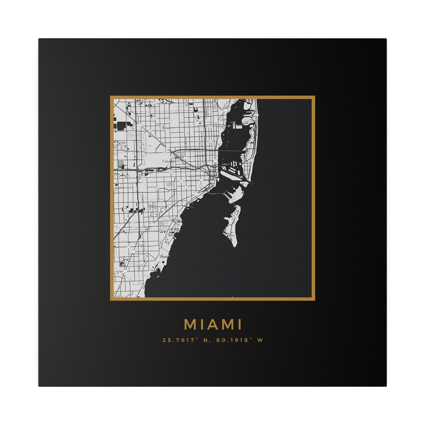 Miami Hometown on Black Canvas (Golden Trim)