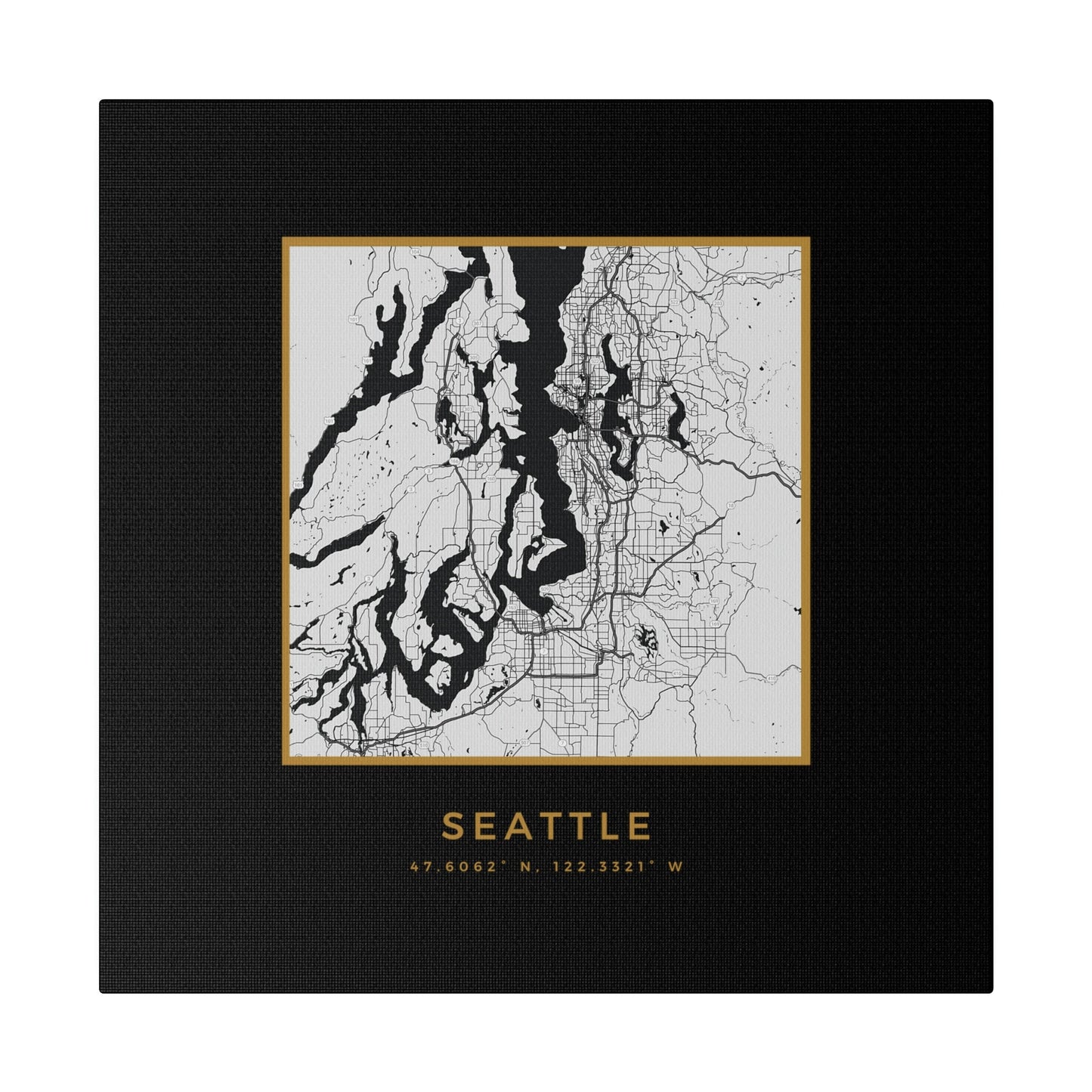 Seattle Hometown on Black Canvas (Golden Trim)