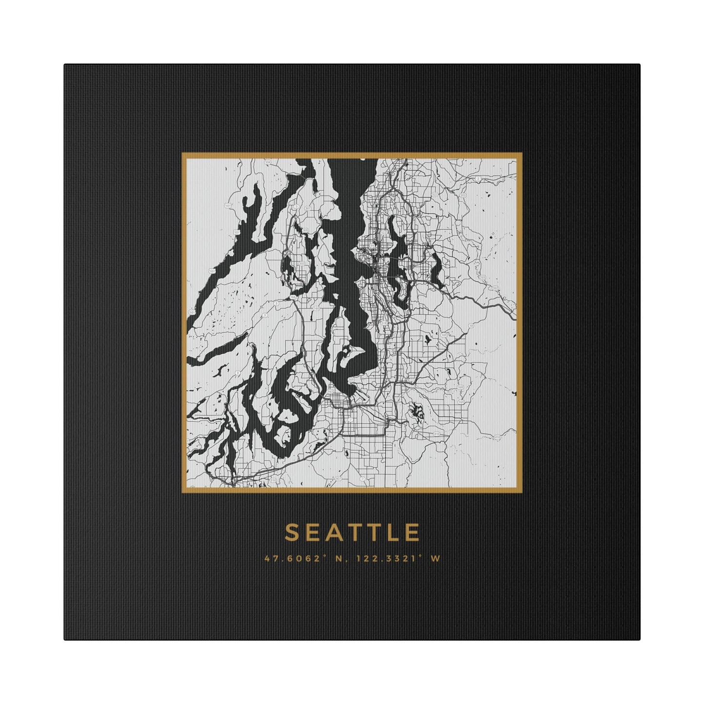 Seattle Hometown on Black Canvas (Golden Trim)