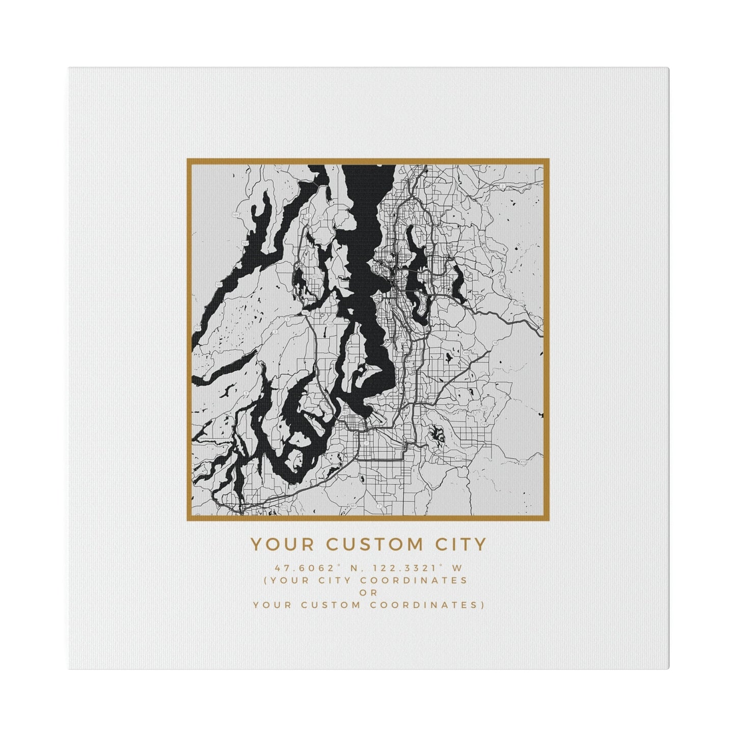 Your CUSTOM Hometown on White Canvas (Golden Trim)